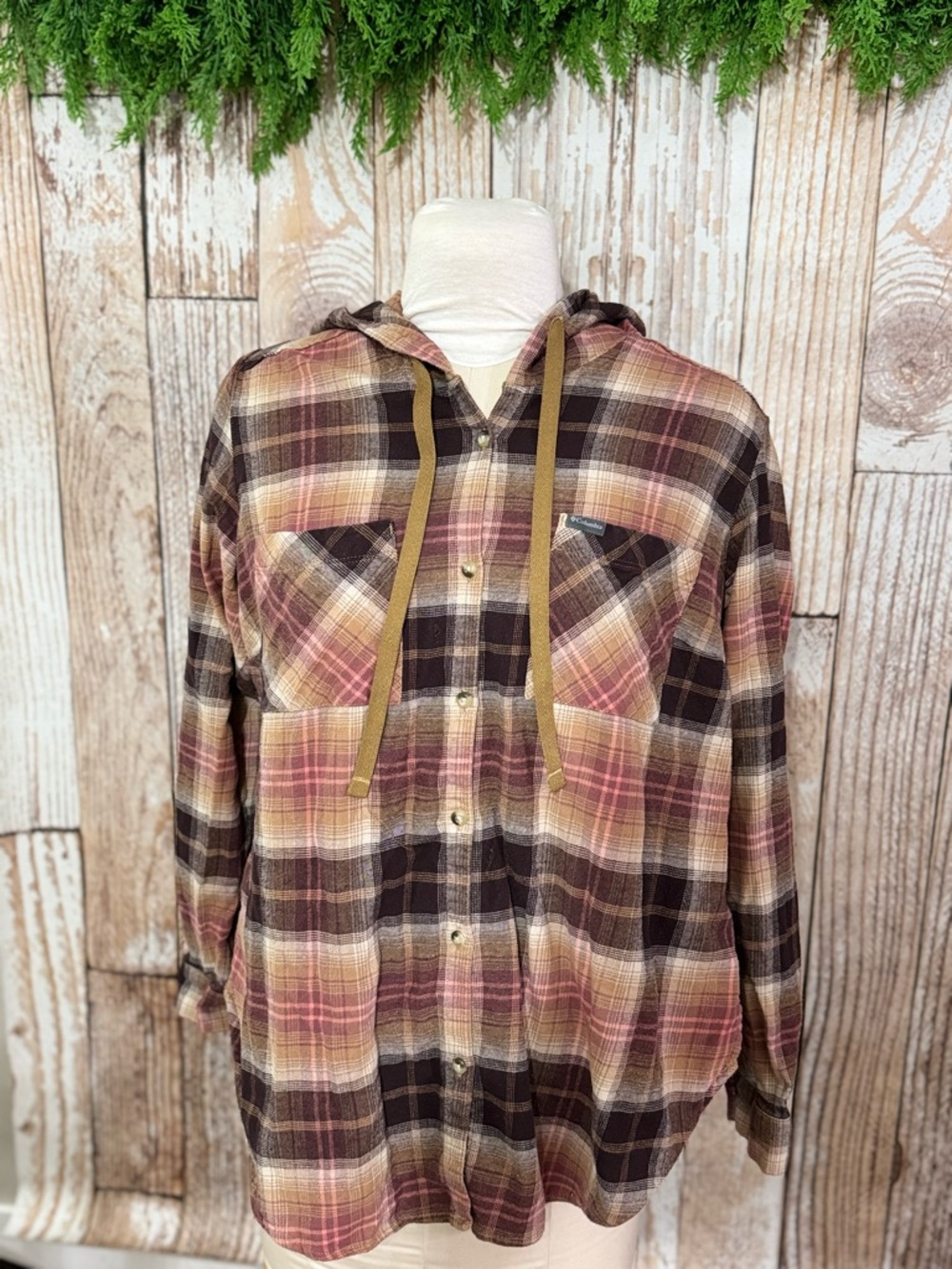 Columbia Plaid Hooded Shirt — Maroon, Brown & Cream